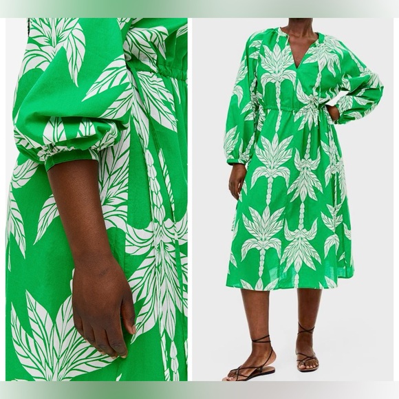 H&M Dresses & Skirts - H&M Cotton Green & White Palm Leaf Tie Midi Maxi Long Sleeve Dress